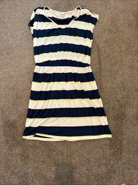 Navy and White Striped Casual Dress with Yellow Accent